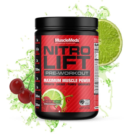 MuscleMeds Nitro Lift bottle showcases energy and focus for training.