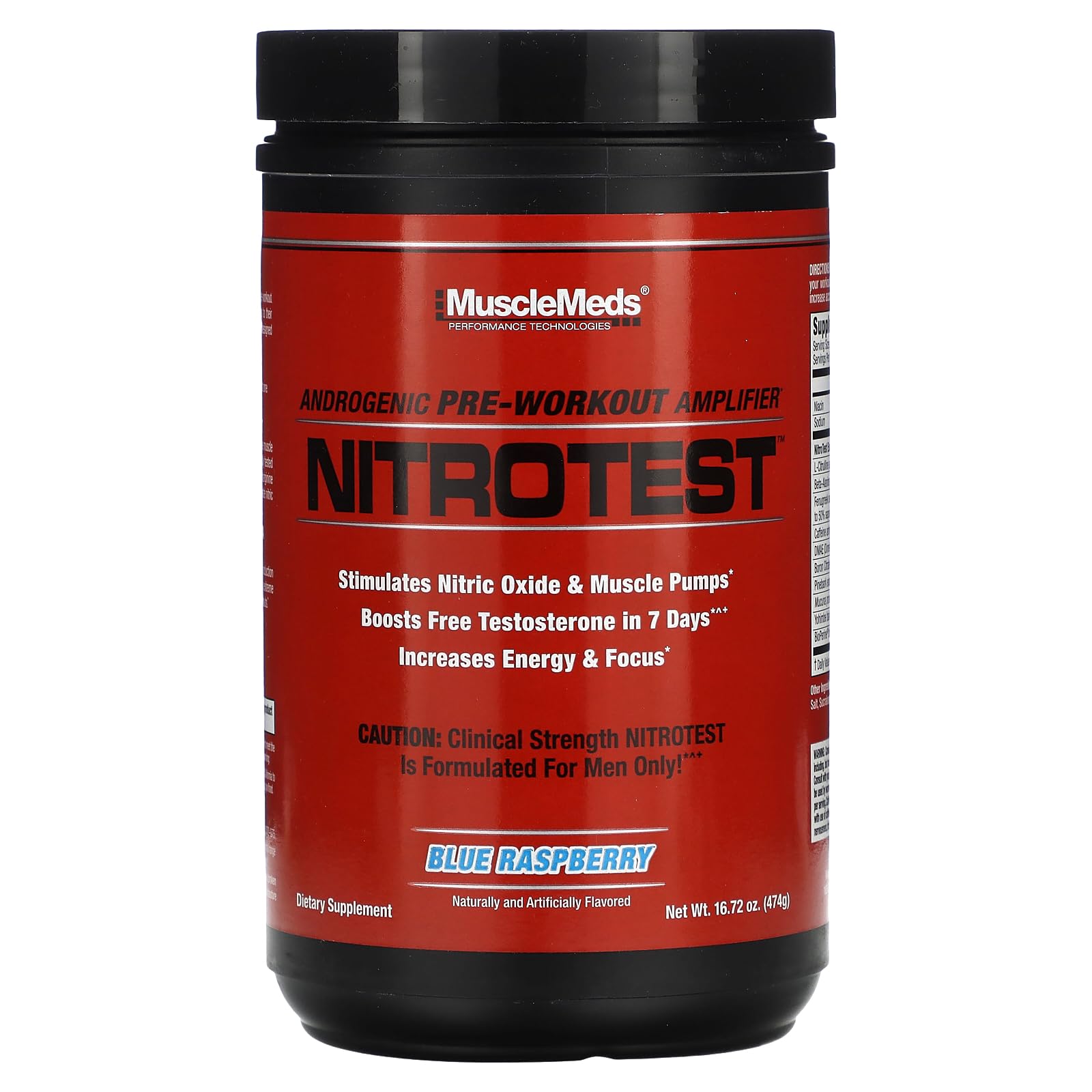 MuscleMeds Nitrotest bottle label shows testosterone support for workouts.