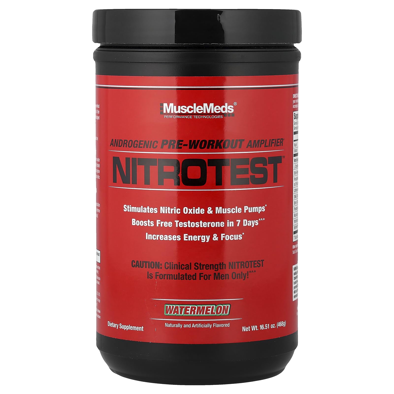 MuscleMeds Nitrotest watermelon bottle highlighting nitric oxide support and energy for workouts