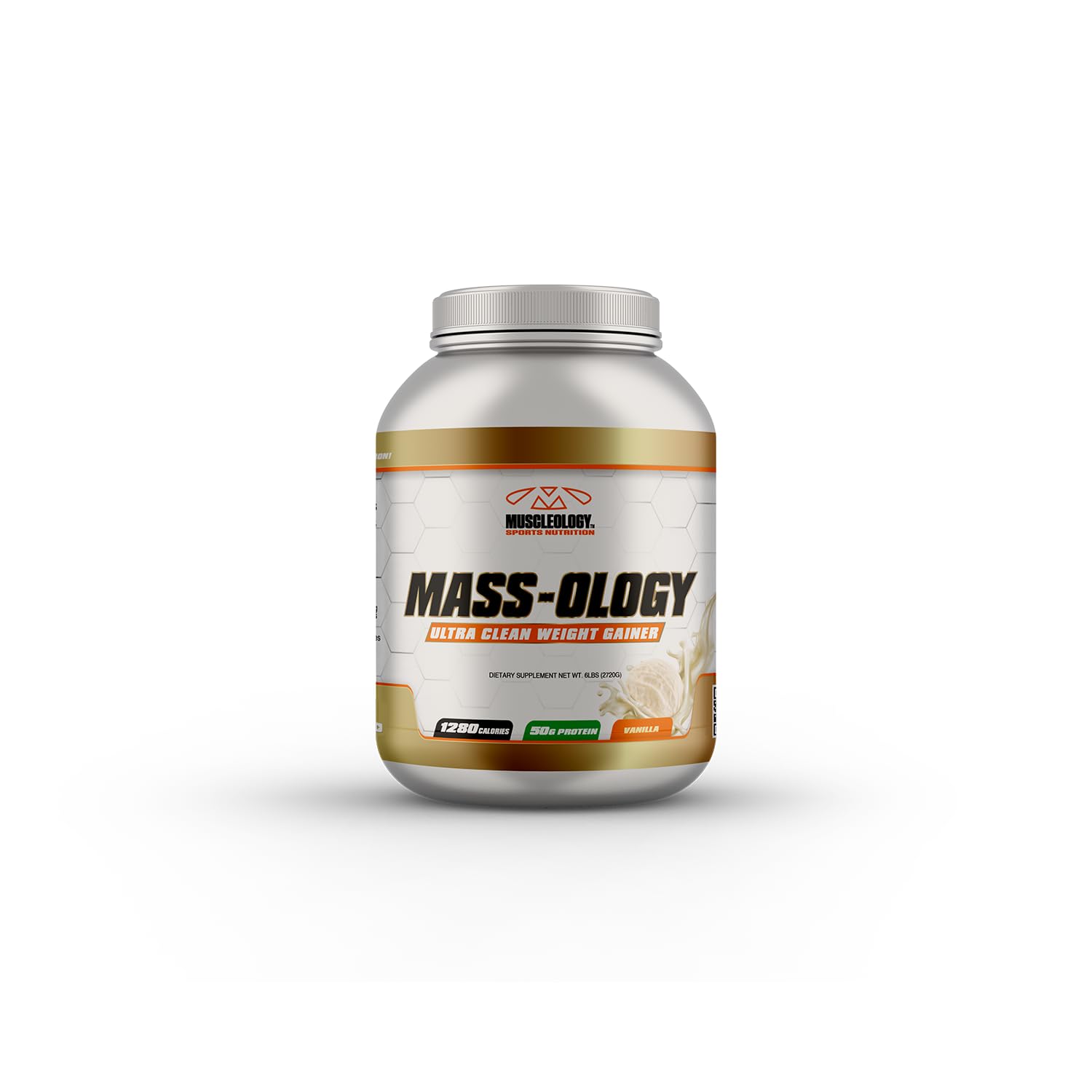 MUSCLEOLOGY MASS-OLOGY vanilla tub front for post-workout fueling.