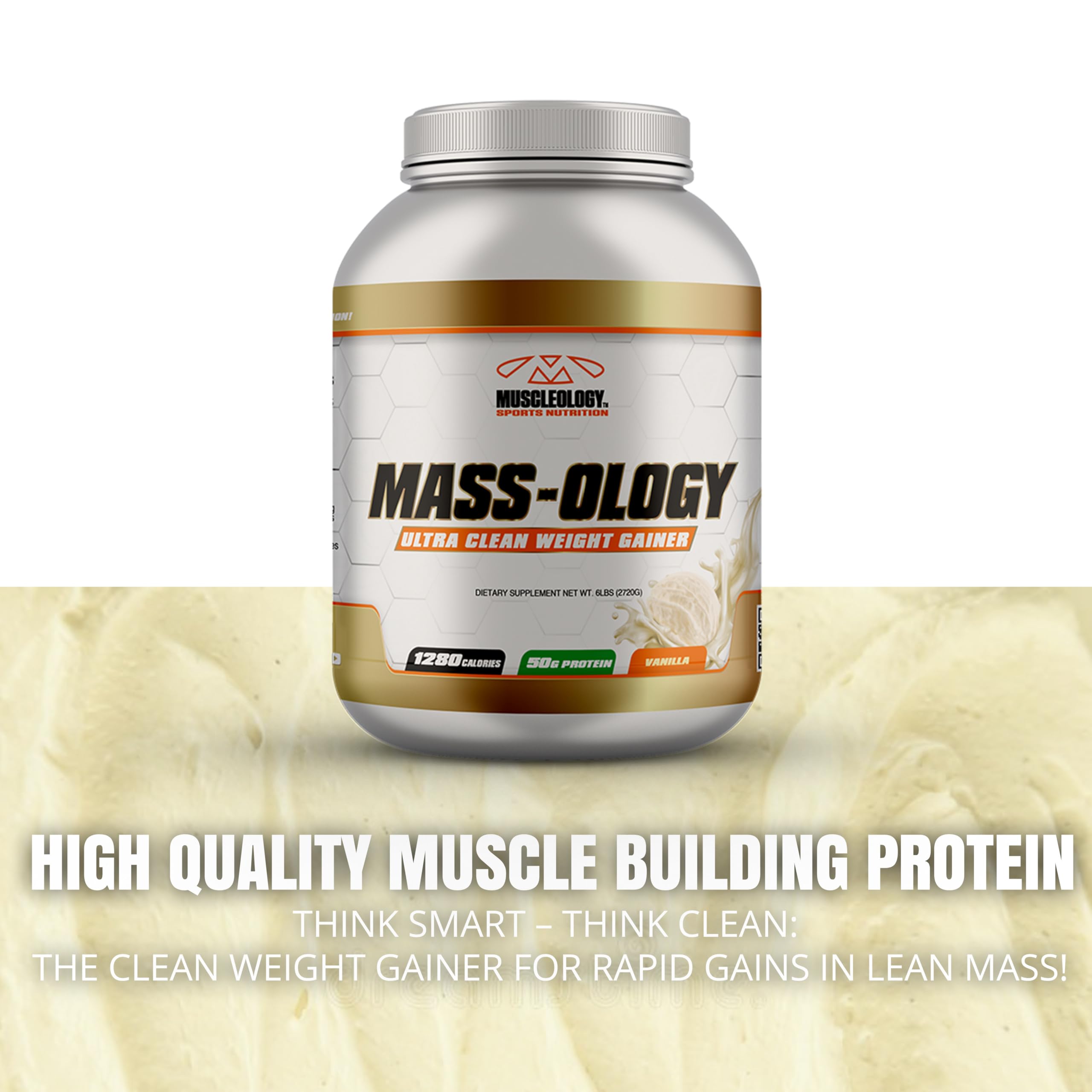 MUSCLEOLOGY MASS-OLOGY whey concentrate bottle emphasizing complete protein.
