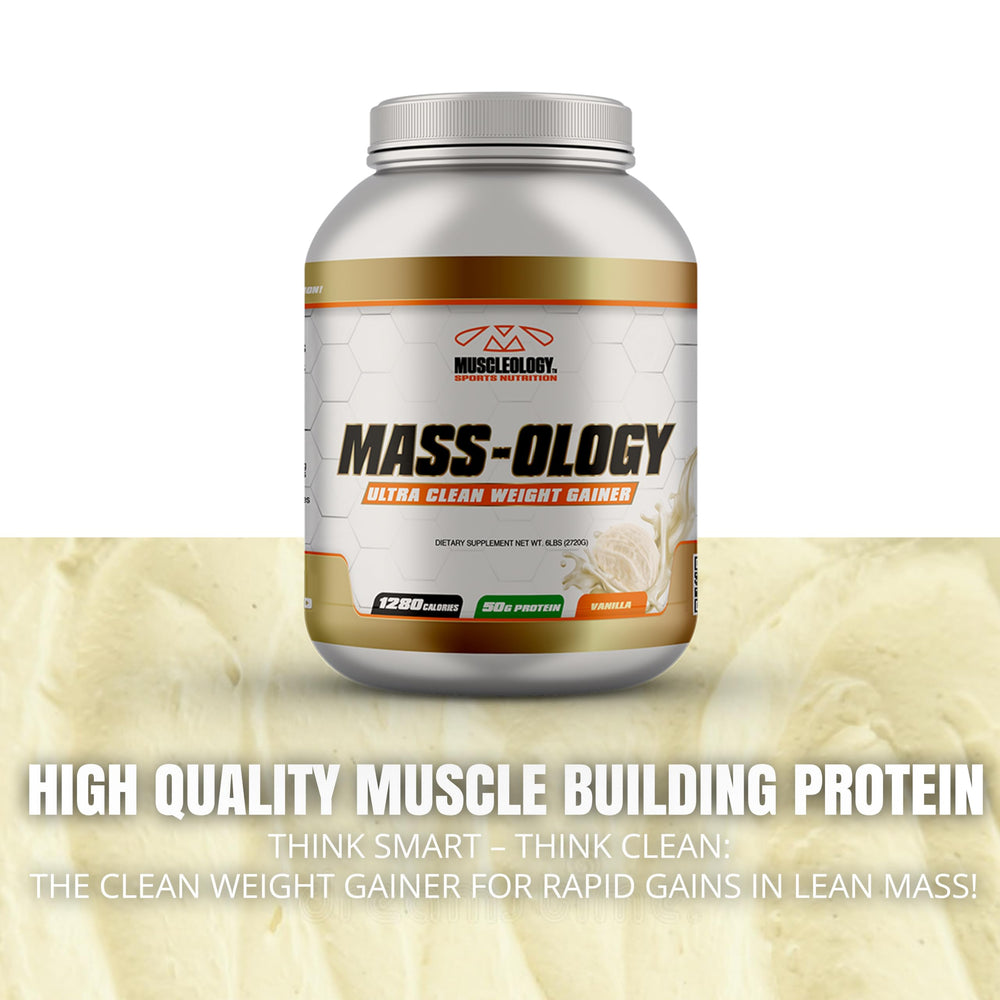 MUSCLEOLOGY MASS-OLOGY whey concentrate bottle emphasizing complete protein.