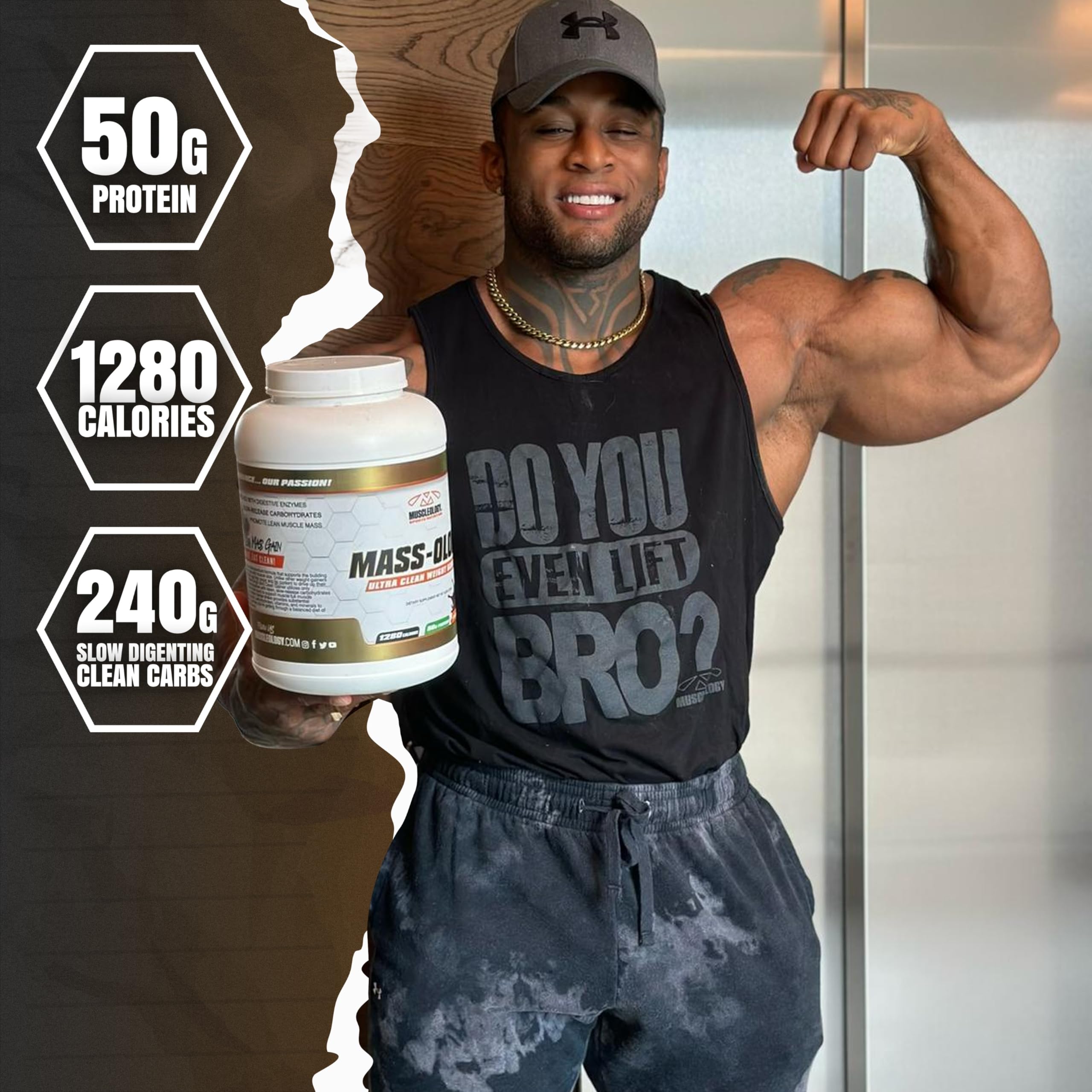 Muscleology Weight Gainer ingredients badge highlights vitamins.