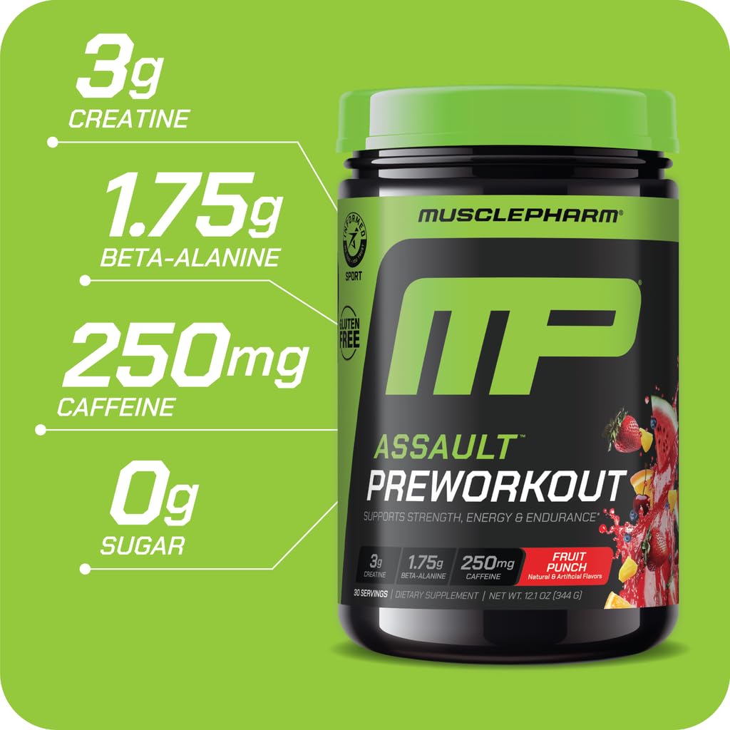 Close-up of MusclePharm Assault label highlighting caffeine and amino blend for focus.