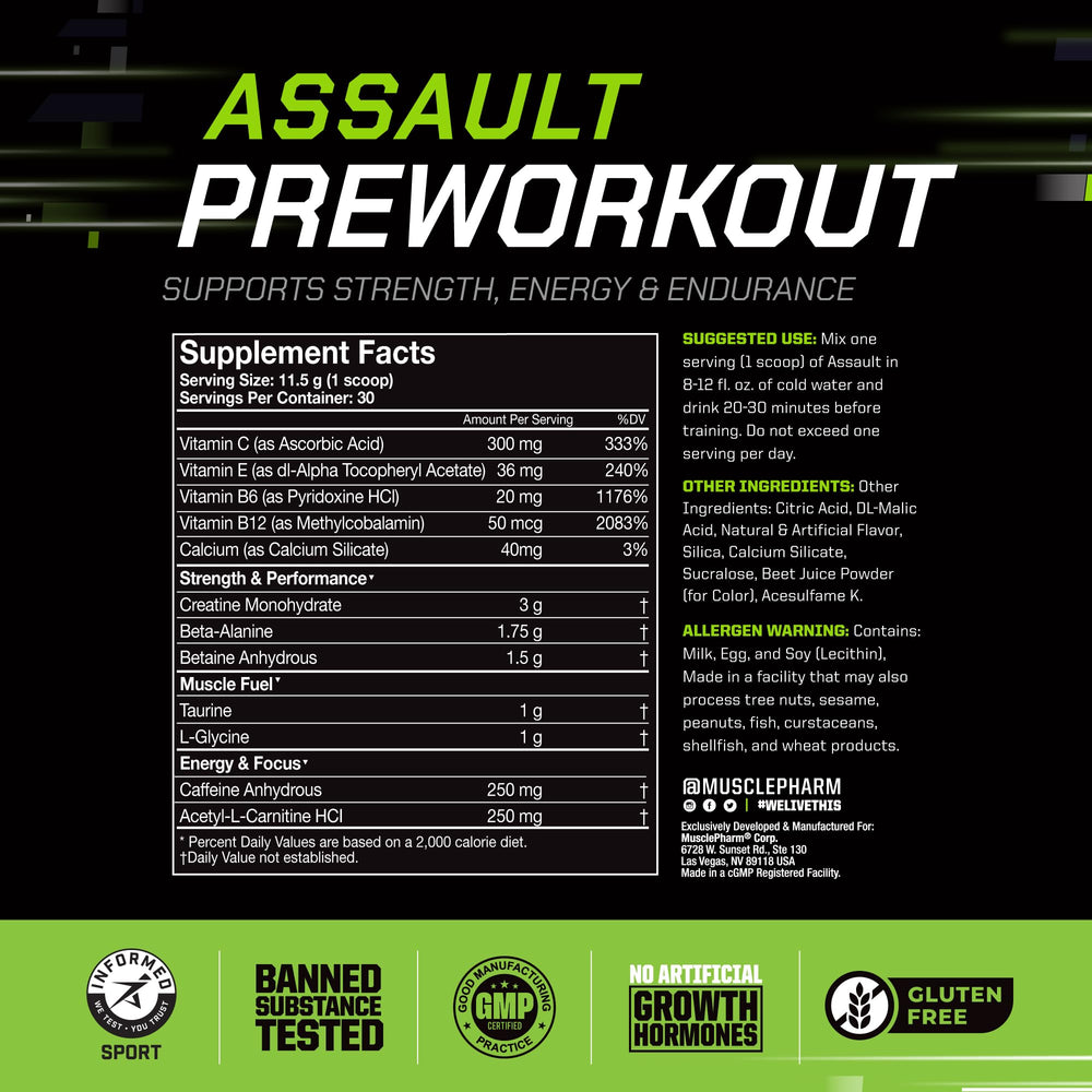 Powder dissolving in a glass of water with MusclePharm Assault for quick, refreshing energy.