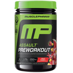 MusclePharm Assault pre-workout tub in Fruit Punch for sustained energy before training.