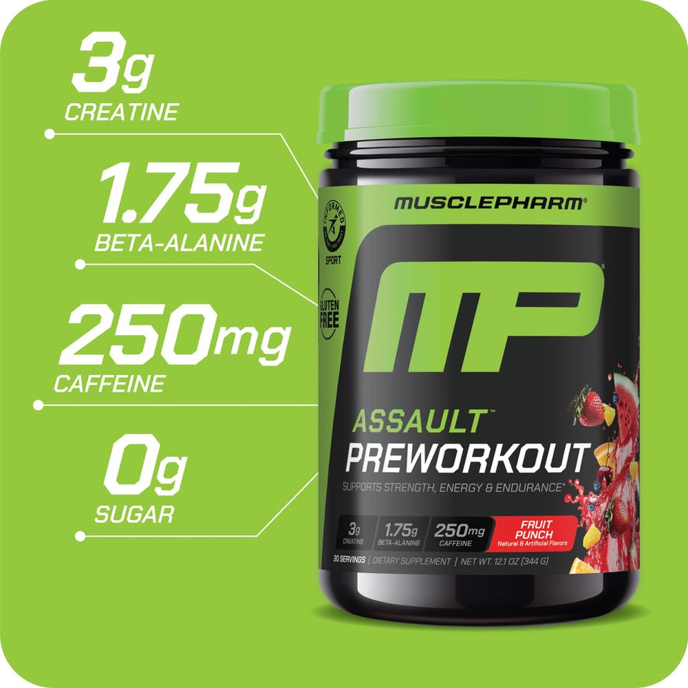 MusclePharm Assault Watermelon label close-up highlighting ingredients and caffeine content