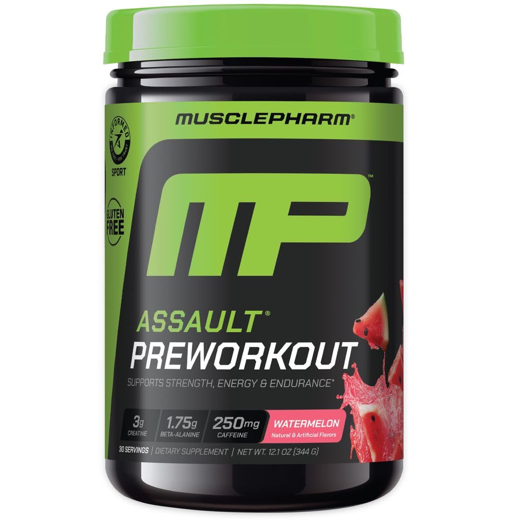 MusclePharm Assault Watermelon tub with powder for an energy-boosting pre-workout