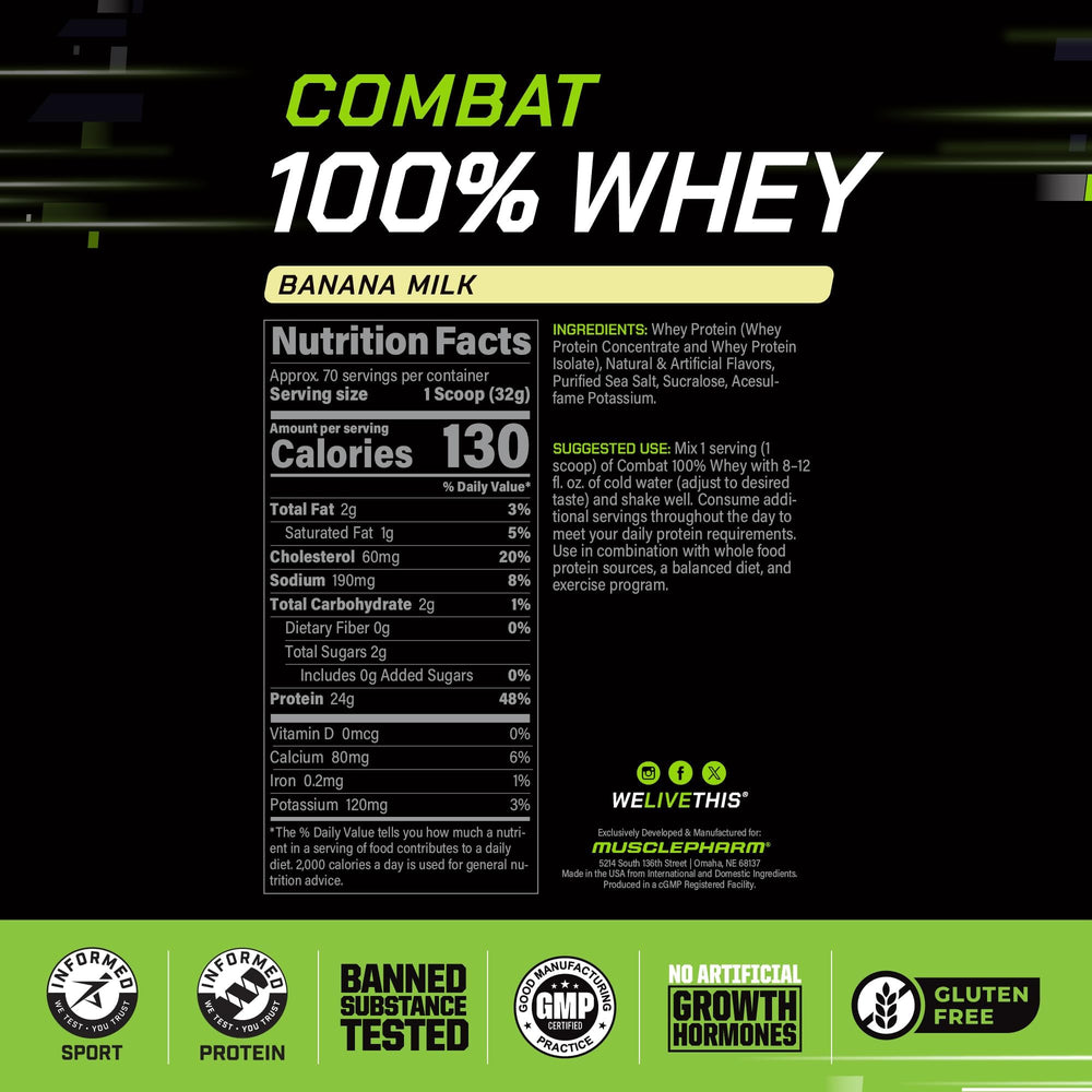 MusclePharm Combat banana milk whey powder scoop for quick protein boosts