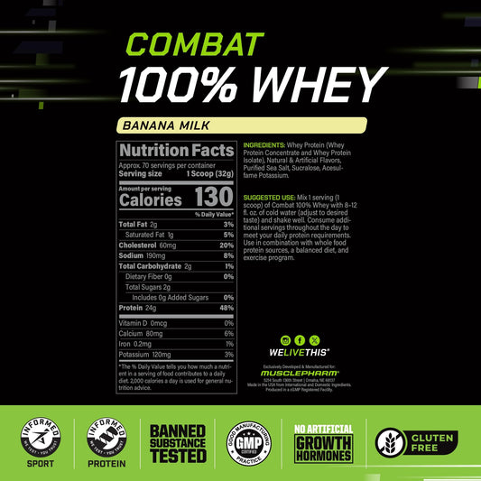 MusclePharm Combat banana milk whey powder scoop for quick protein boosts