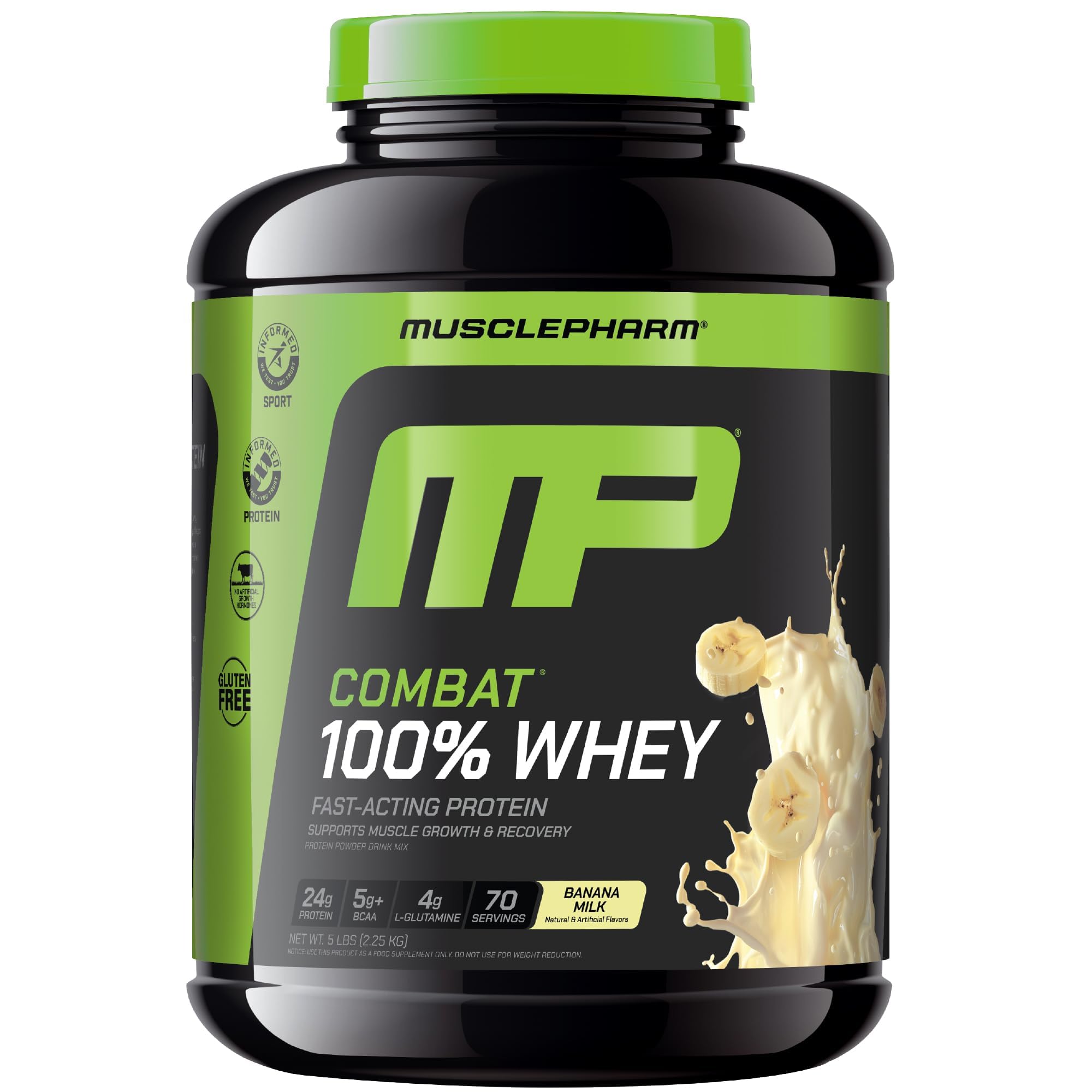 MusclePharm Combat banana milk whey tub shows post‑workout fueling potential