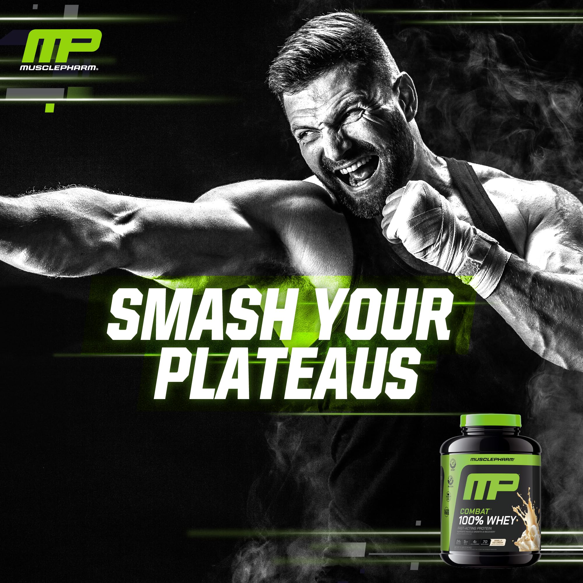 MusclePharm Combat 100% Whey Vanilla is gluten-free for sensitive diets.