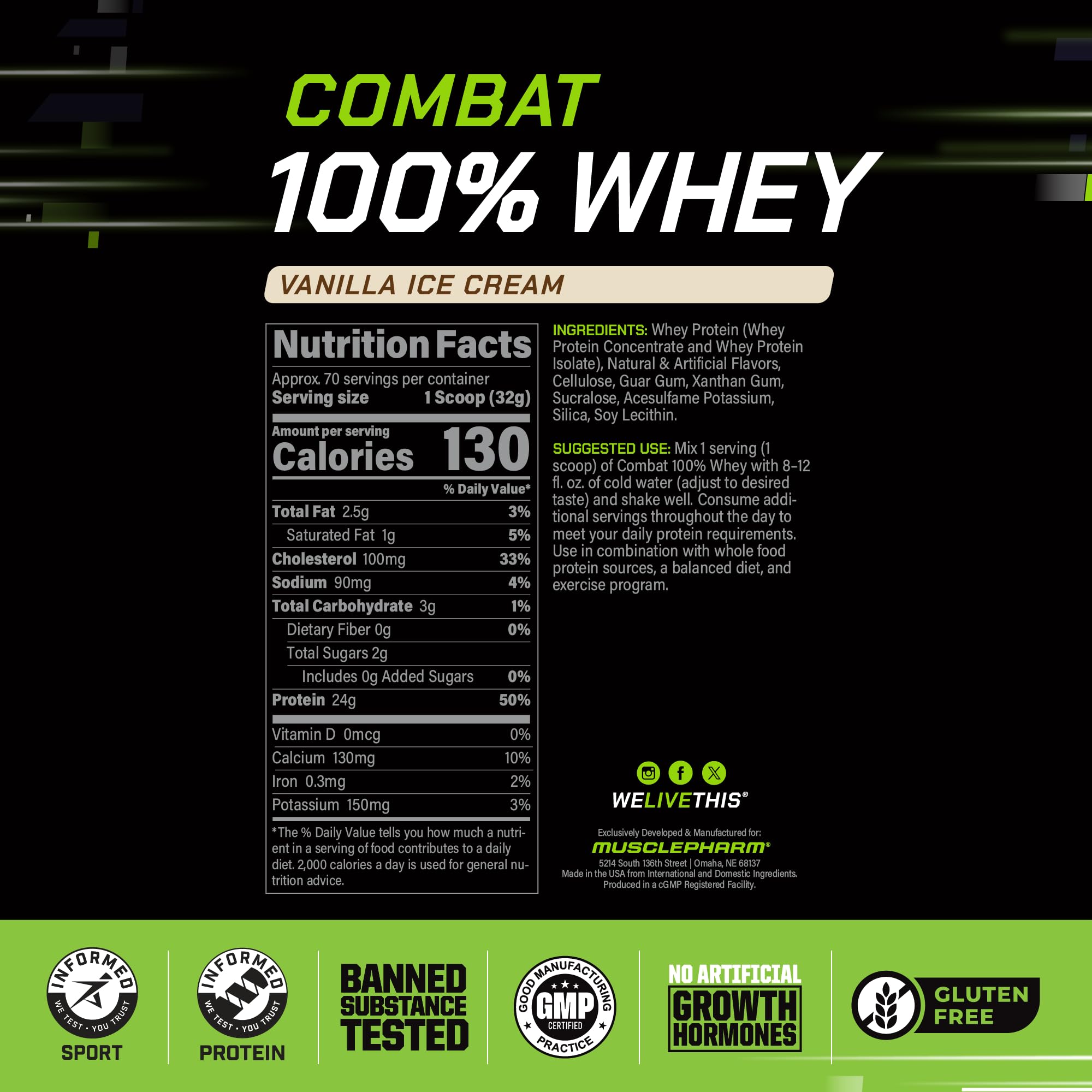 MusclePharm Combat 100% Whey Vanilla pour shows quick-mix shake for on-the-go fueling.