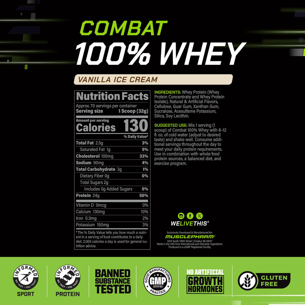 MusclePharm Combat 100% Whey Vanilla pour shows quick-mix shake for on-the-go fueling.