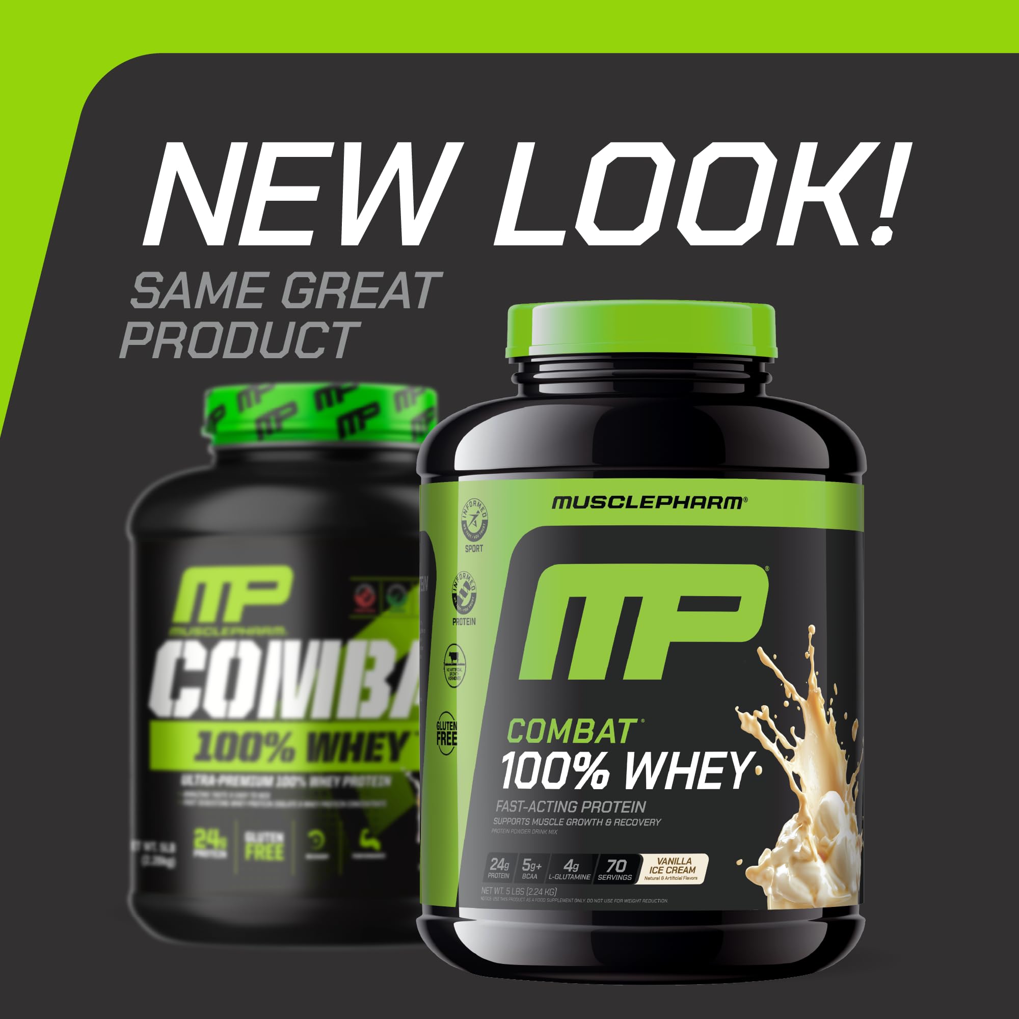 MusclePharm Combat 100% Whey Vanilla scoop highlights convenient daily protein.