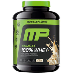 MusclePharm Combat 100% Whey Vanilla tub fuels workouts with fast protein.