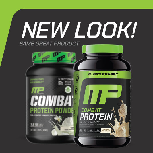 MusclePharm Combat five-sources protein image highlights diverse, broad amino acid support.