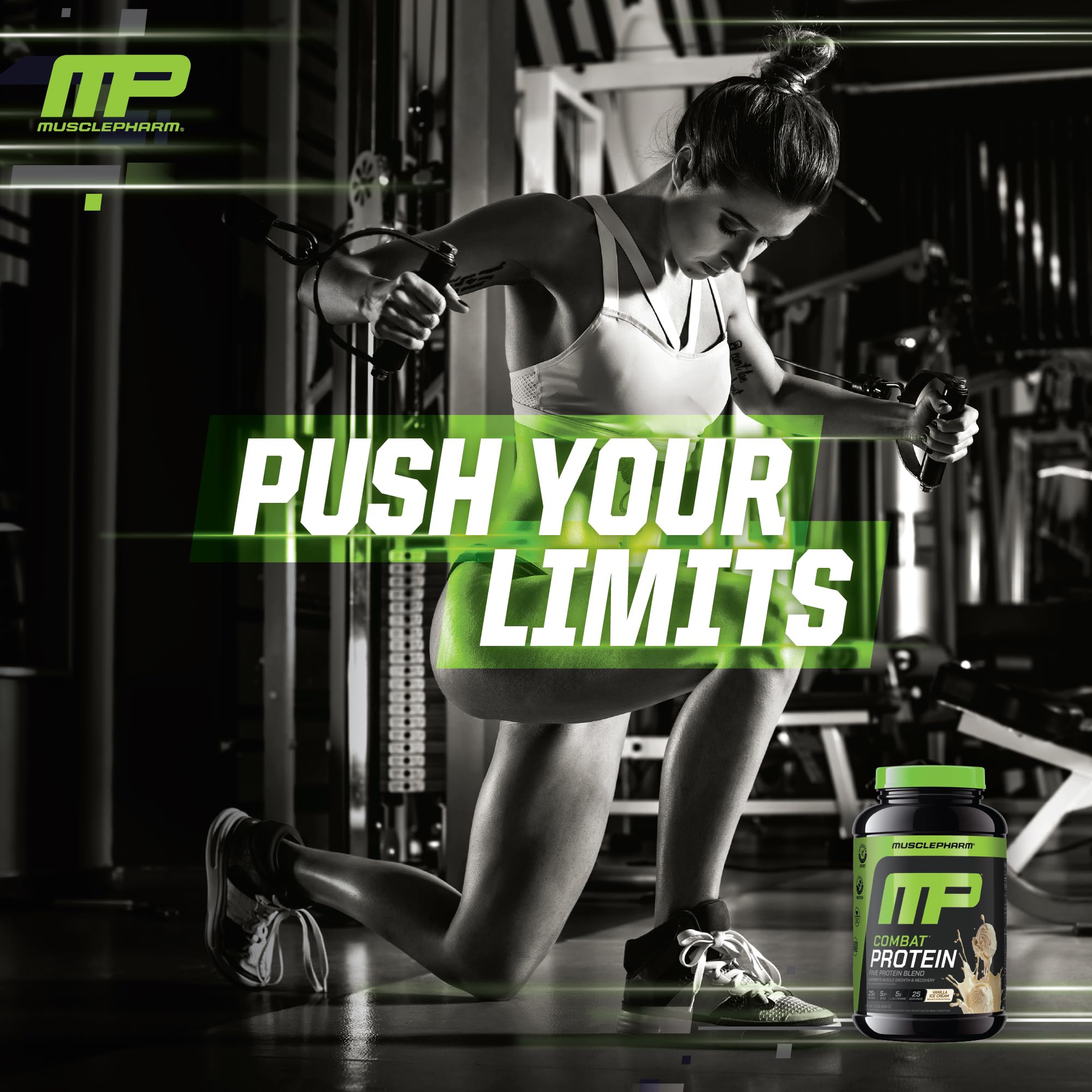 MusclePharm Combat gluten-free badge signals athlete-friendly formulation.