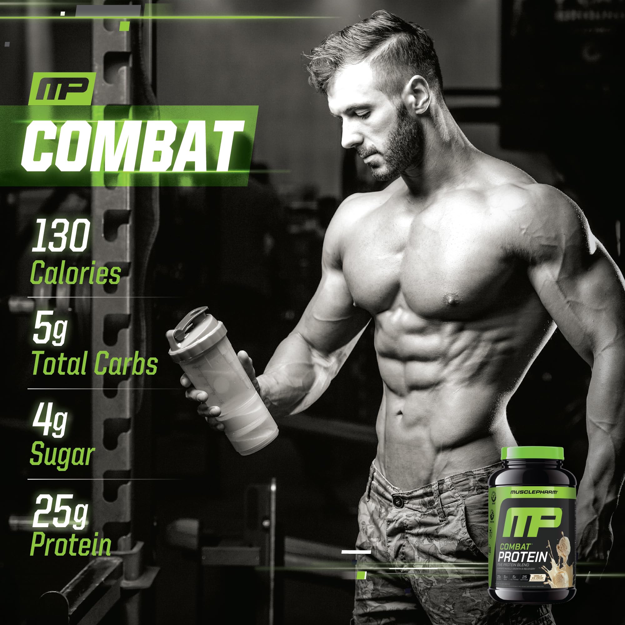 MusclePharm Combat milk protein concentrate image emphasizes rich texture and sustained nourishment.