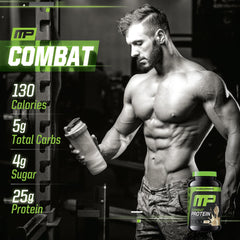MusclePharm Combat milk protein concentrate image emphasizes rich texture and sustained nourishment.