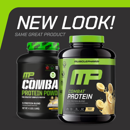 MusclePharm Combat Banana Cream label shows 25g protein per serving for fueling workouts