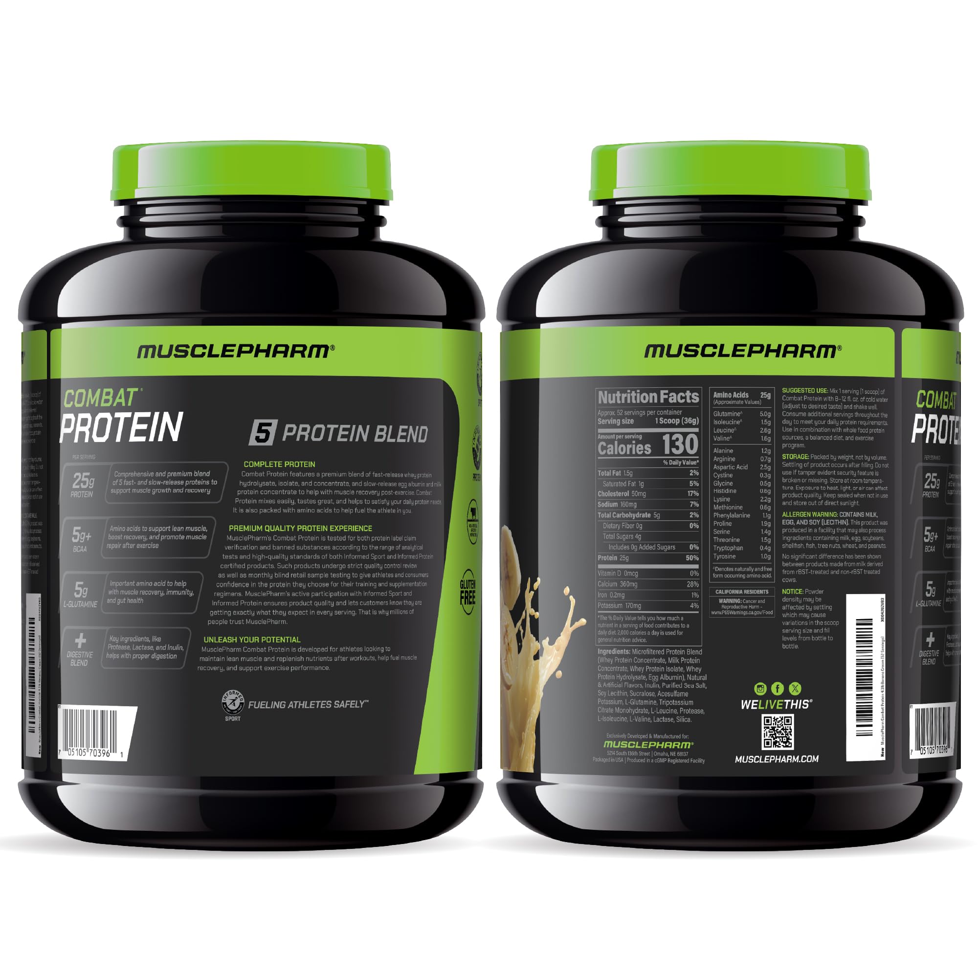 MusclePharm Combat Banana Cream serving scoop beside tub for easy dosing