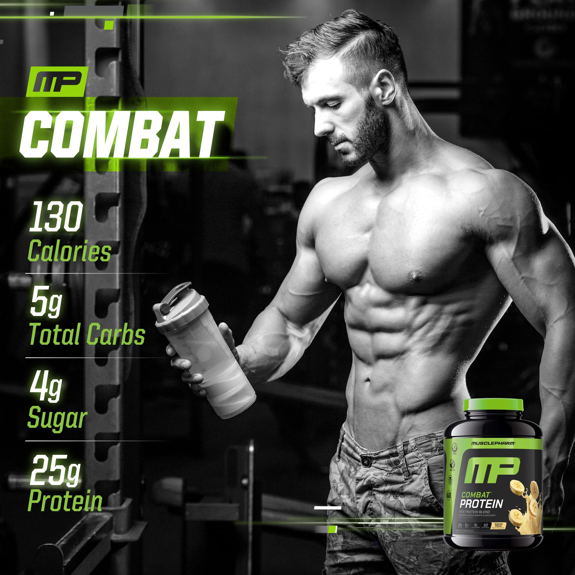 MusclePharm Combat Banana Cream shake in glass suggests smooth texture