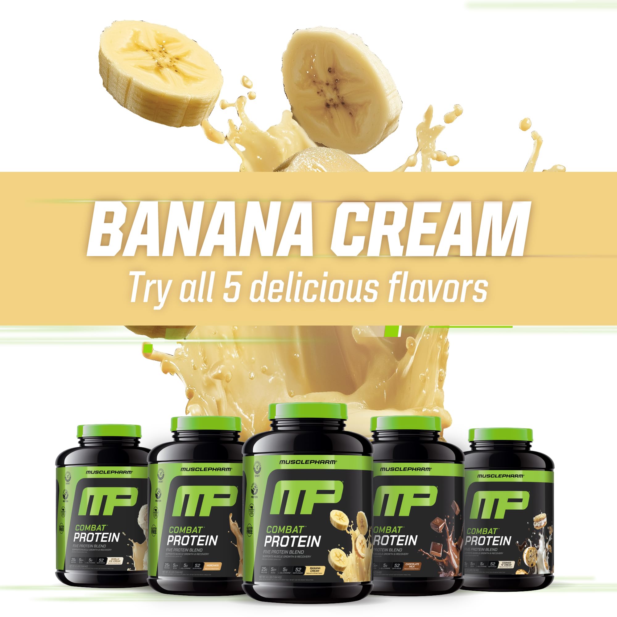 MusclePharm Combat Banana Cream tub lid close-up signaling secure packaging