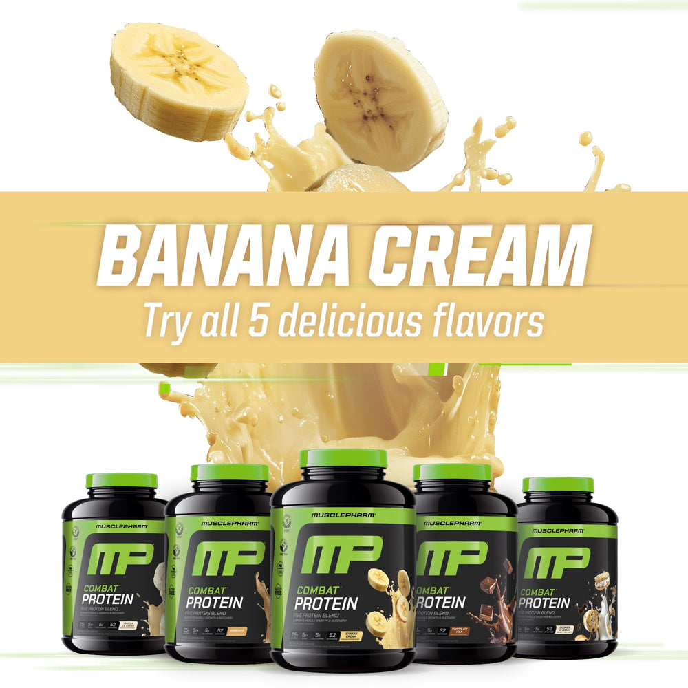 MusclePharm Combat Banana Cream tub lid close-up signaling secure packaging