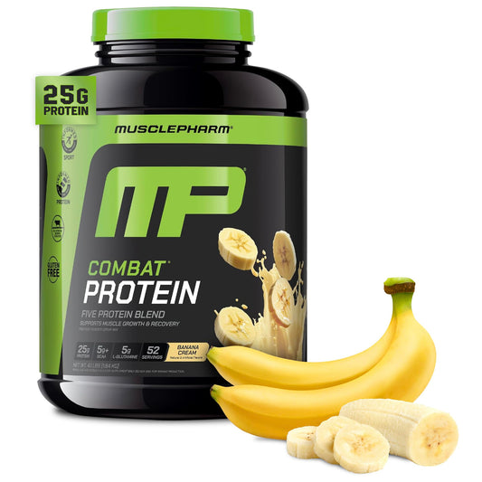 MusclePharm Combat Banana Cream tub ready for a shake after workouts
