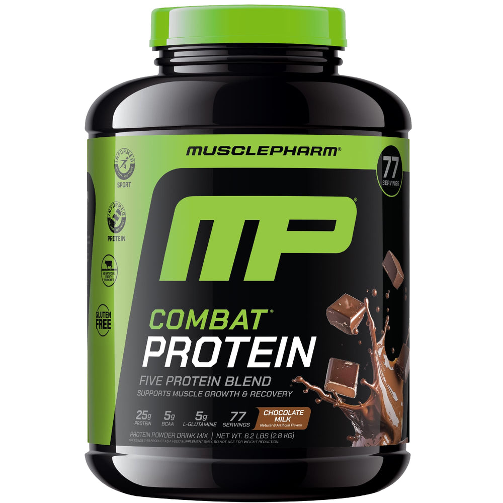 MusclePharm Combat Protein Powder chocolate milk container shows 25 g protein per serving for workouts