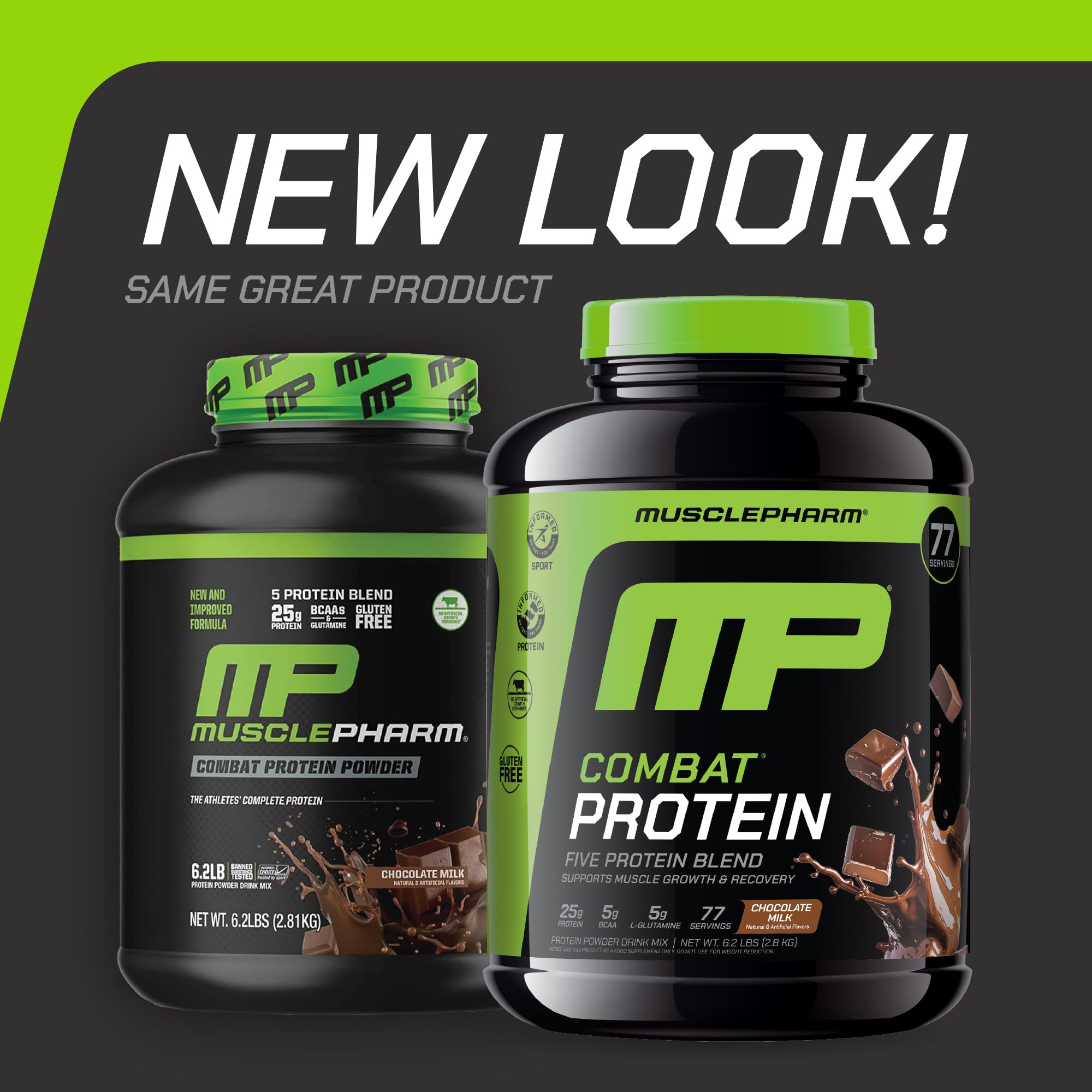 Label close-up of MusclePharm Combat Protein Powder chocolate flavor highlighting protein sources