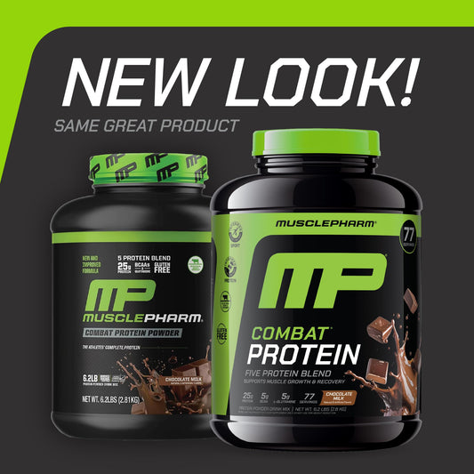Label close-up of MusclePharm Combat Protein Powder chocolate flavor highlighting protein sources