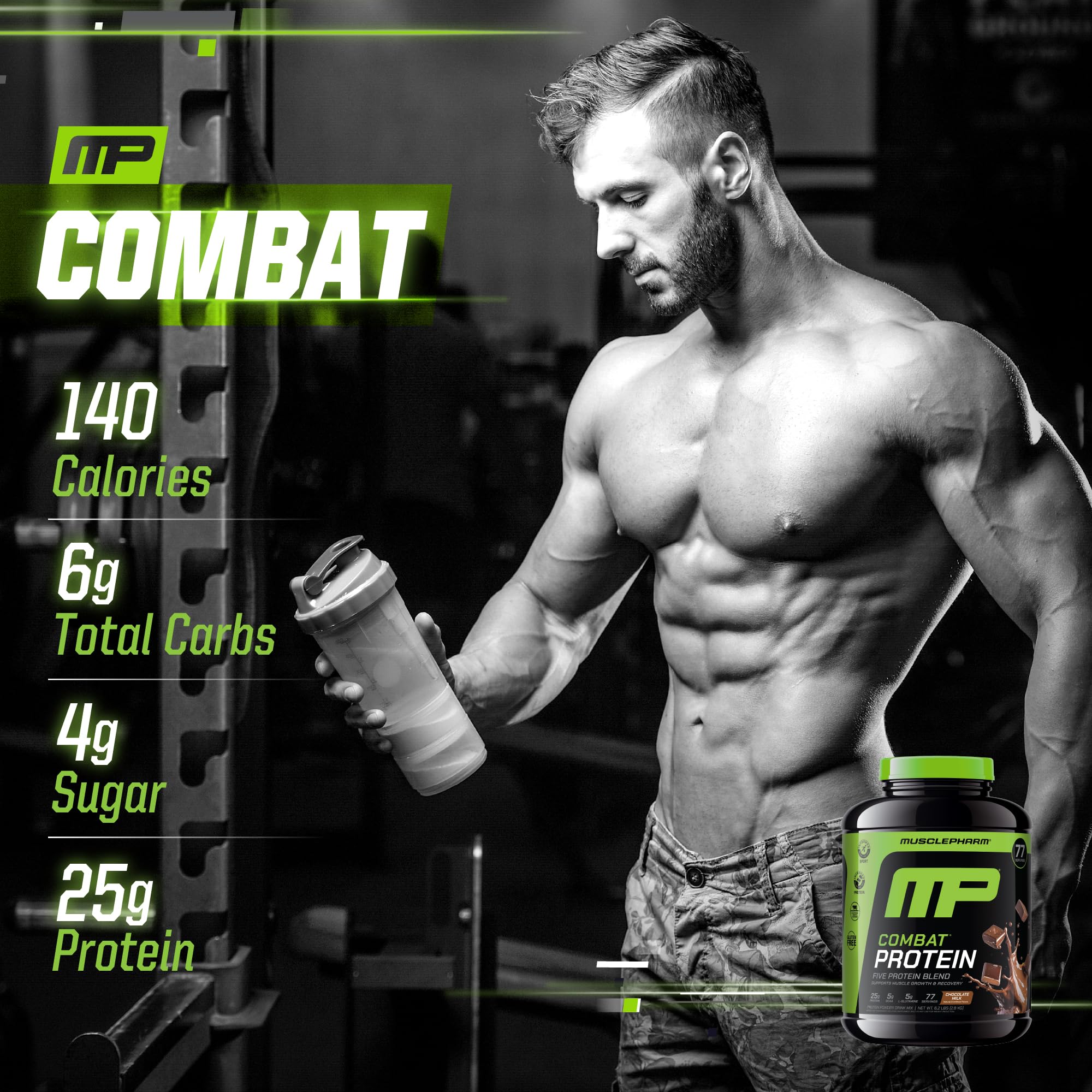 Shake with MusclePharm Combat Protein Powder chocolate milk flavor and glass