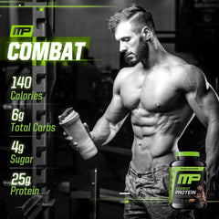 Shake with MusclePharm Combat Protein Powder chocolate milk flavor and glass