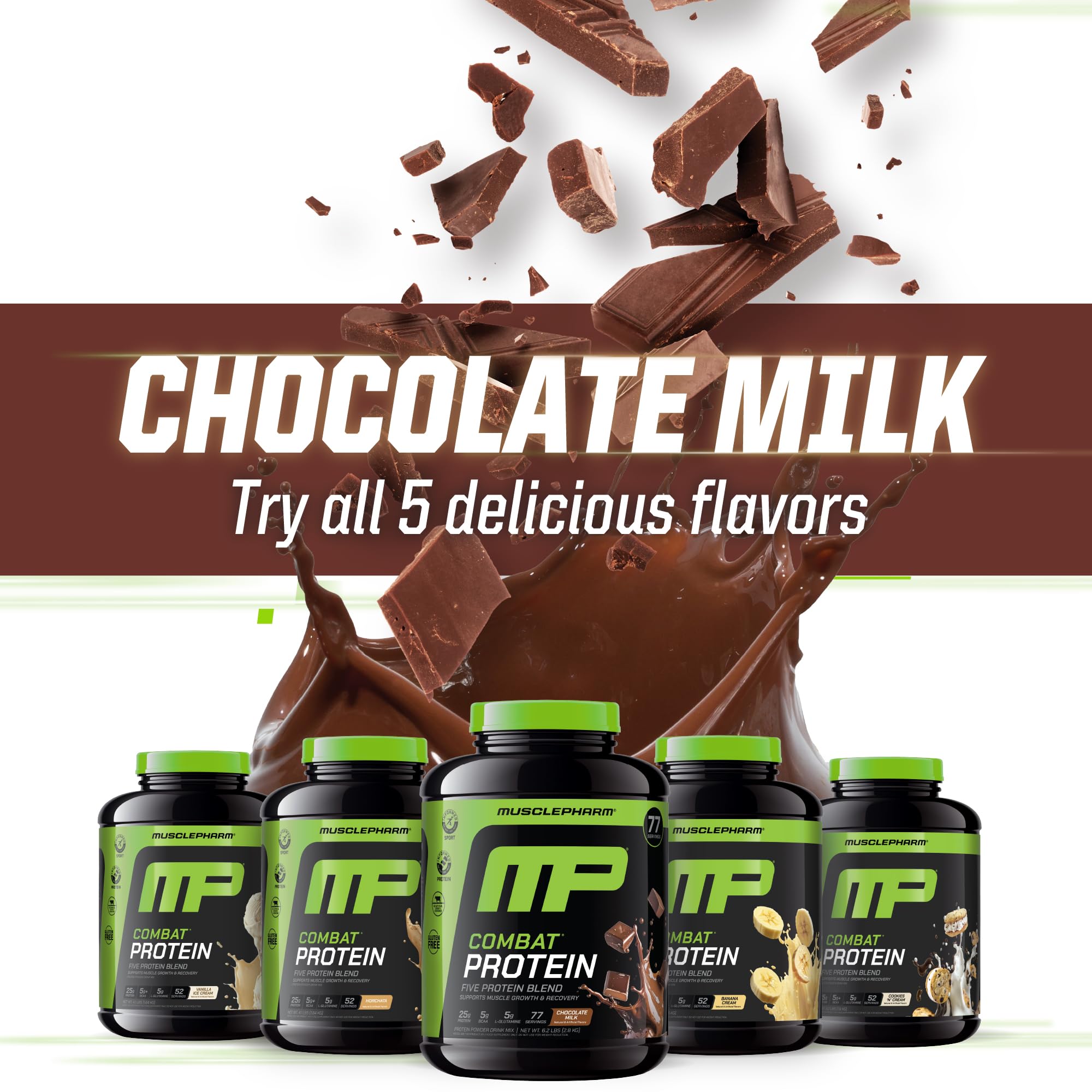 Shaker cup with MusclePharm Combat Protein Powder chocolate shake
