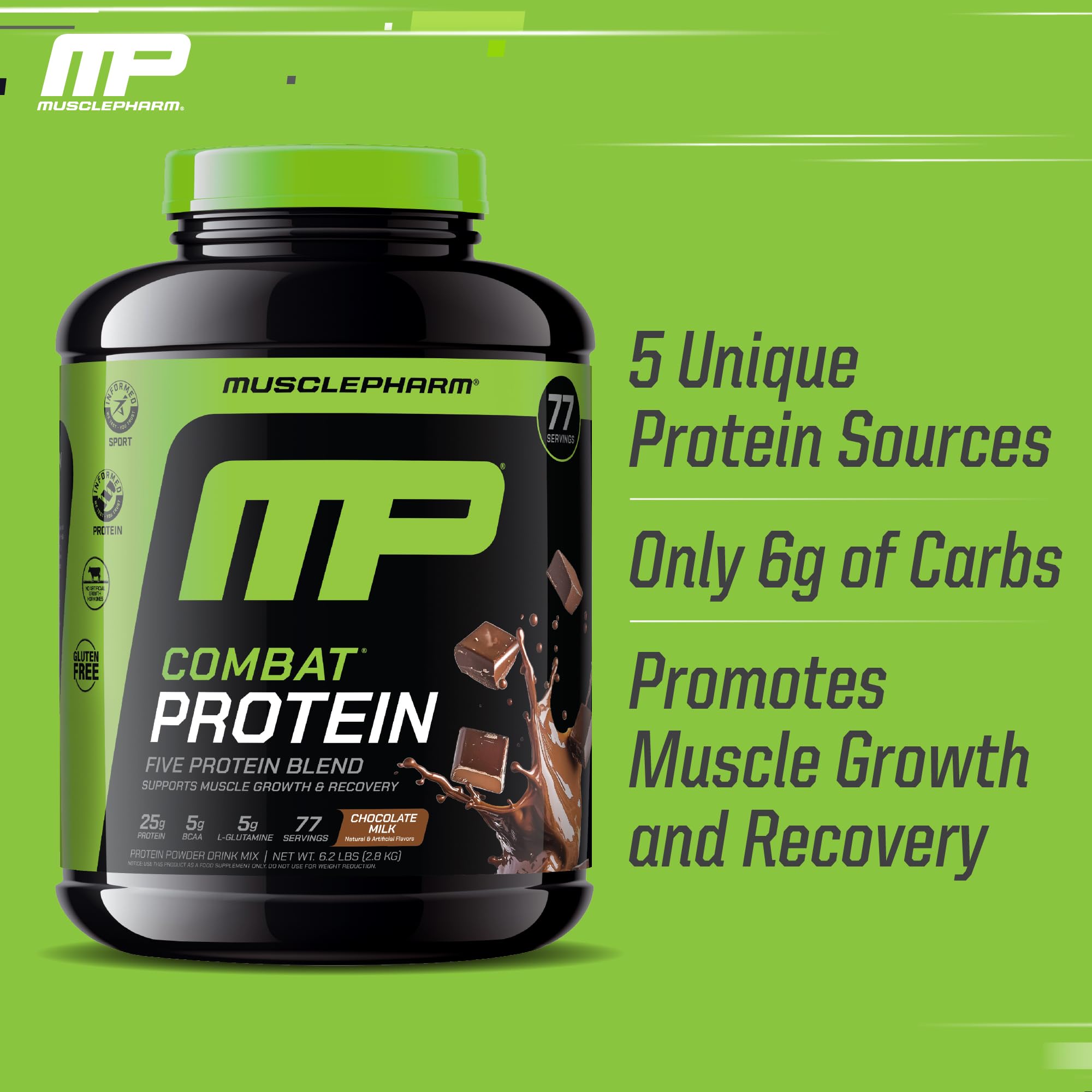 MusclePharm Combat Protein Powder tub in chocolate milk flavor on a counter
