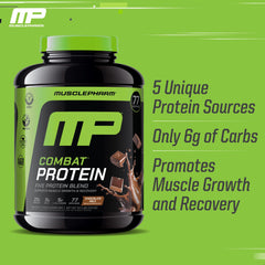 MusclePharm Combat Protein Powder tub in chocolate milk flavor on a counter