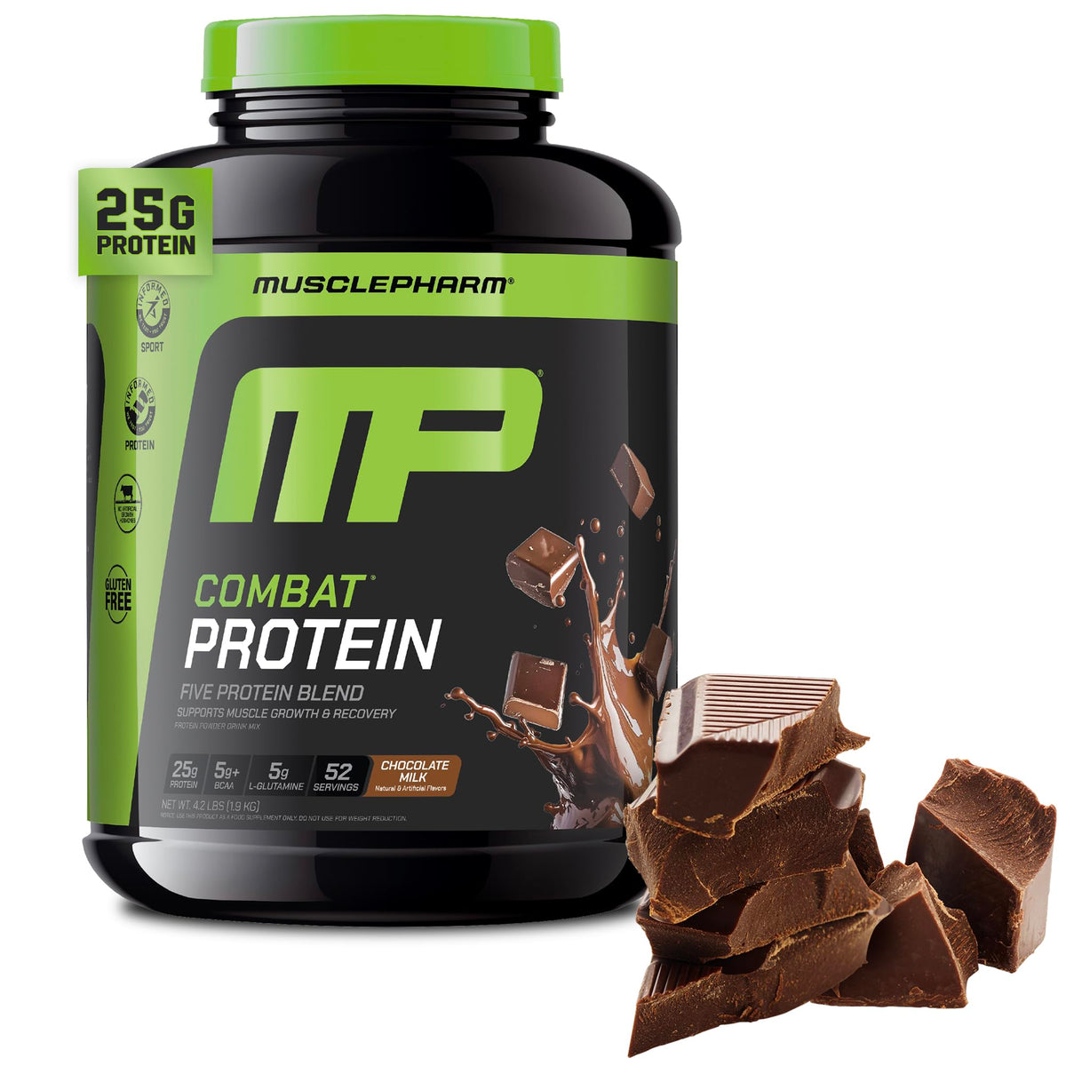 MusclePharm Combat Protein Powder tub with chocolate milk flavor, ideal for post-workout refuel.