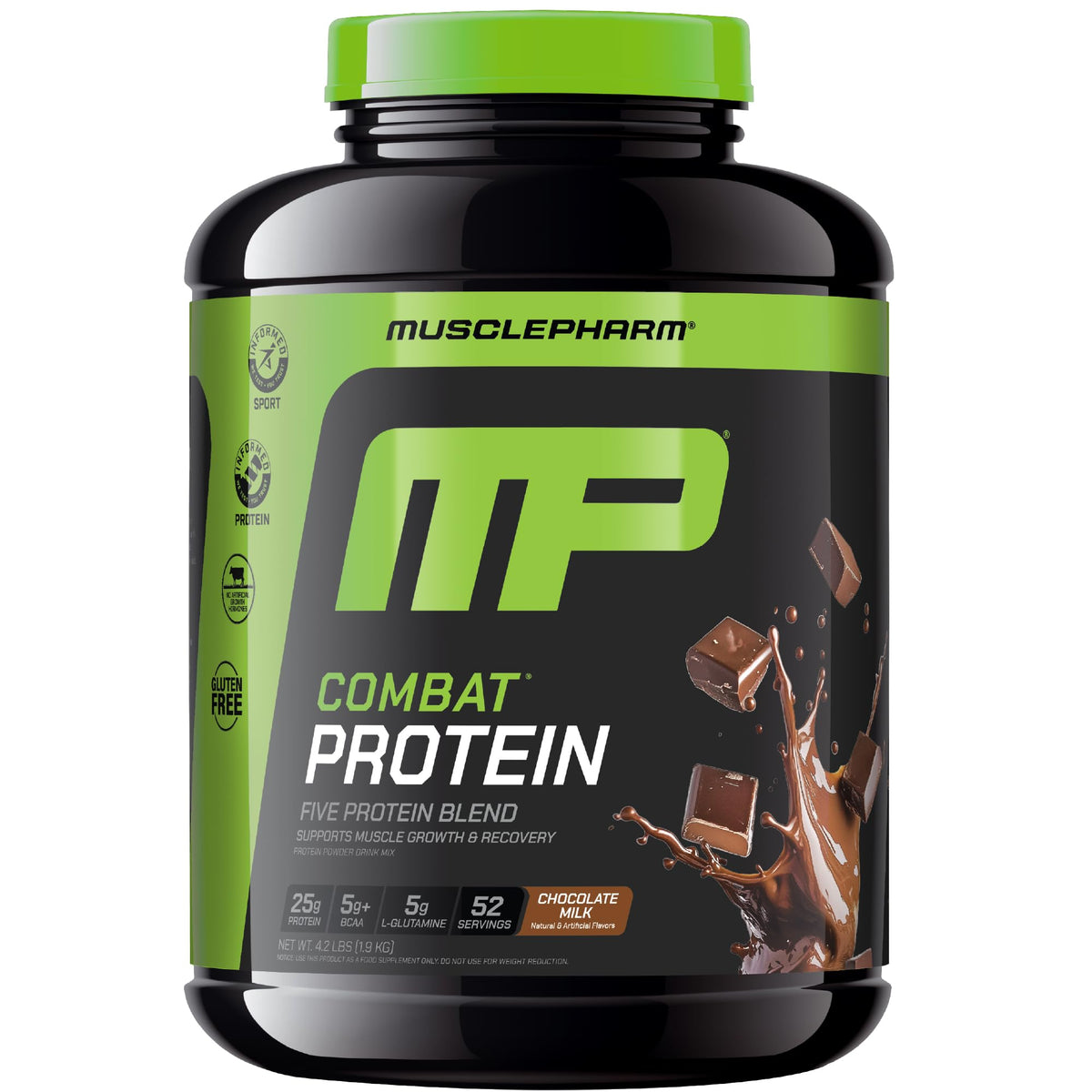 MusclePharm Combat Protein Powder chocolate milk tub supports post-workout fueling.