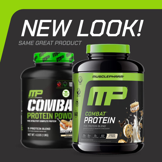 MusclePharm Combat Cookies N Cream label close-up shows ingredients and serving details
