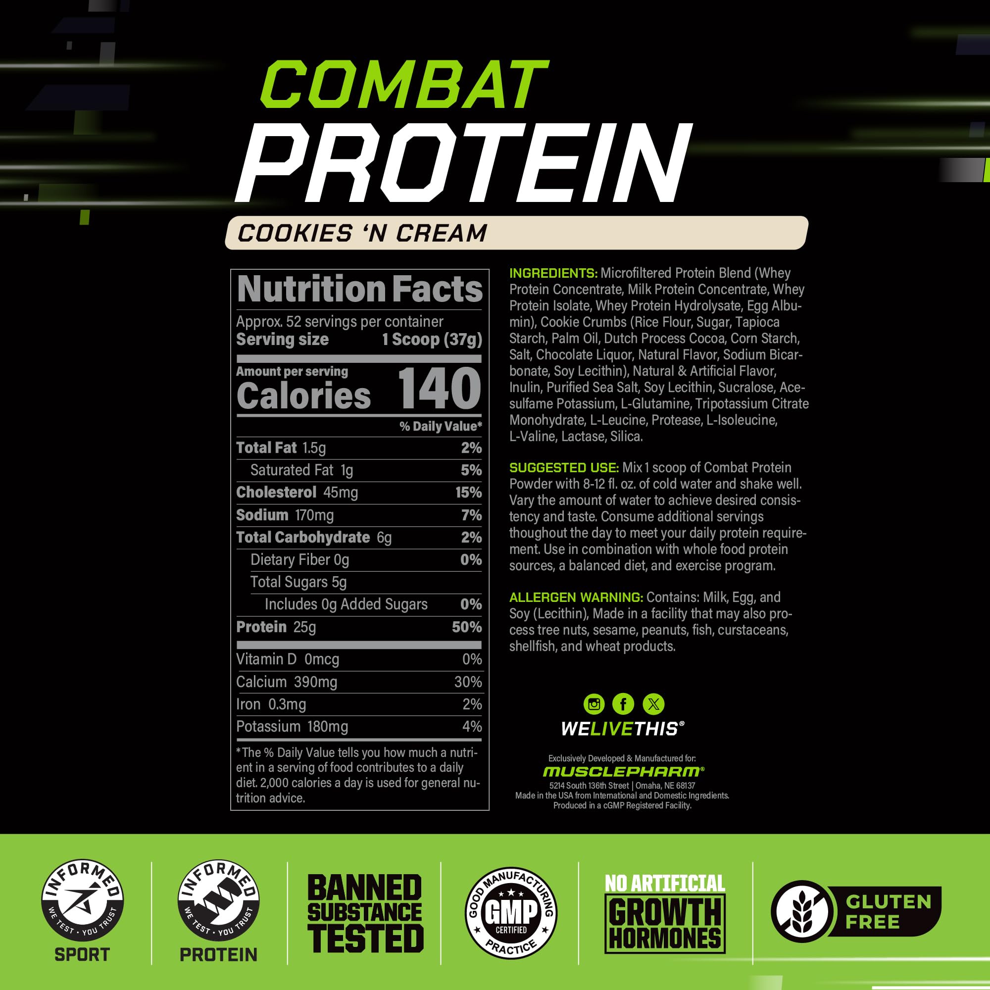 MusclePharm Combat Cookies N Cream scoop on glass demonstrates easy mixing