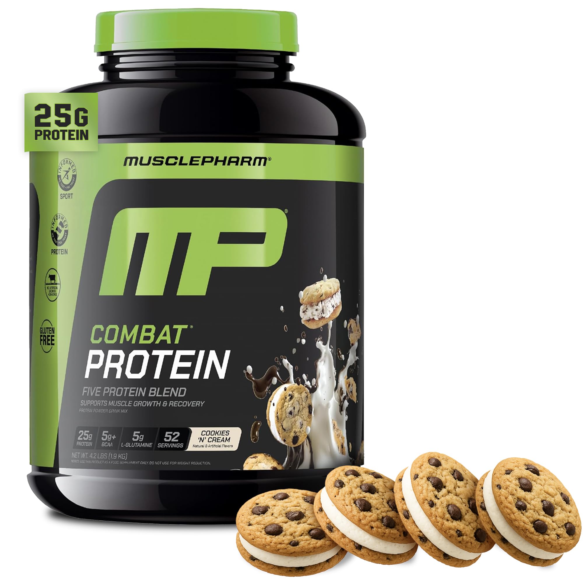MusclePharm Combat Cookies N Cream tub highlights a high-protein blend for athletes