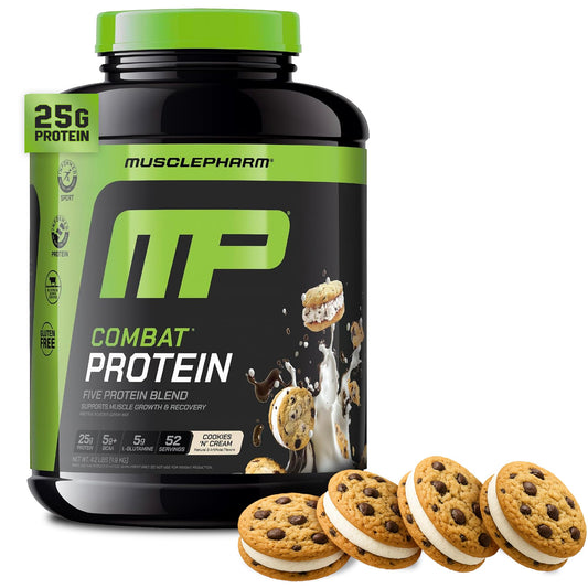 MusclePharm Combat Cookies N Cream tub highlights a high-protein blend for athletes