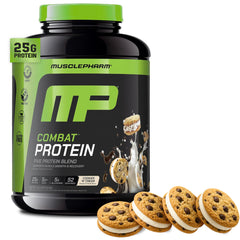 MusclePharm Combat Cookies N Cream tub highlights a high-protein blend for athletes