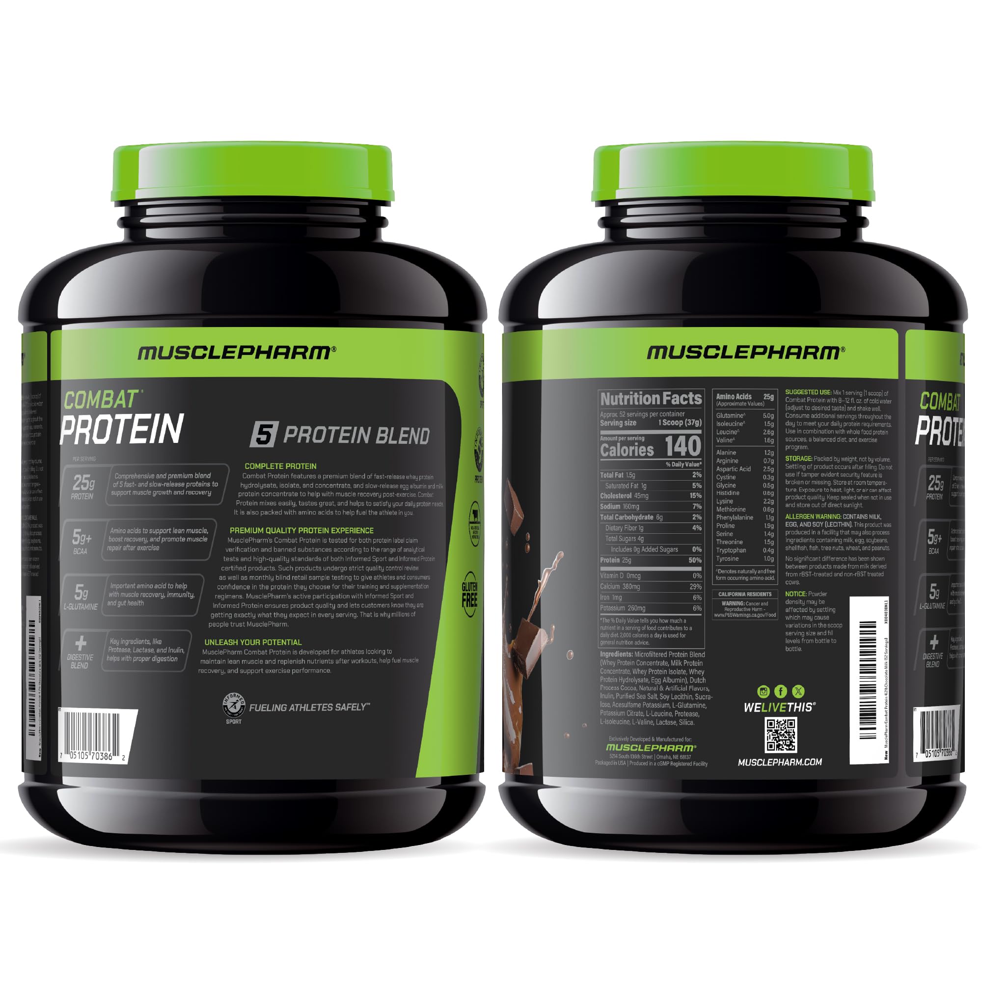 MusclePharm Combat Protein Powder on kitchen counter ready for servings.