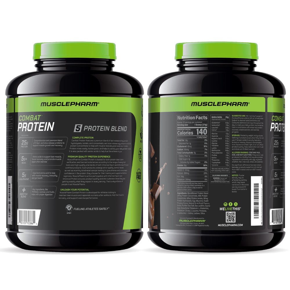 MusclePharm Combat Protein Powder on kitchen counter ready for servings.