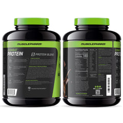 MusclePharm Combat Protein Powder on kitchen counter ready for servings.