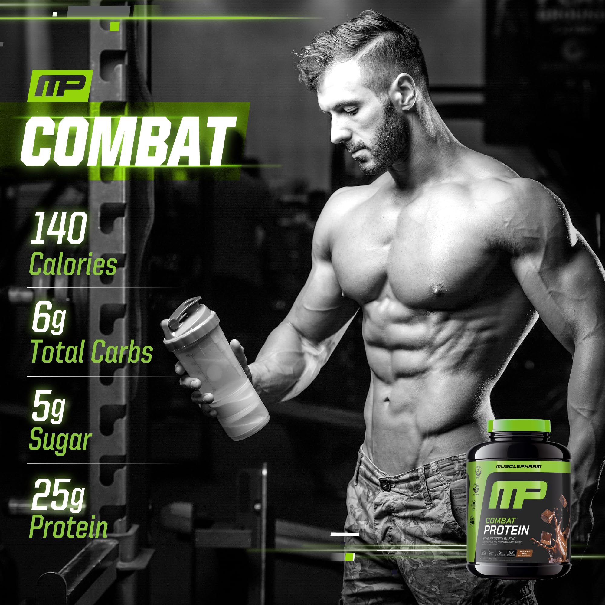 MusclePharm Combat Protein Powder gluten-free badge signals allergen-friendly option.