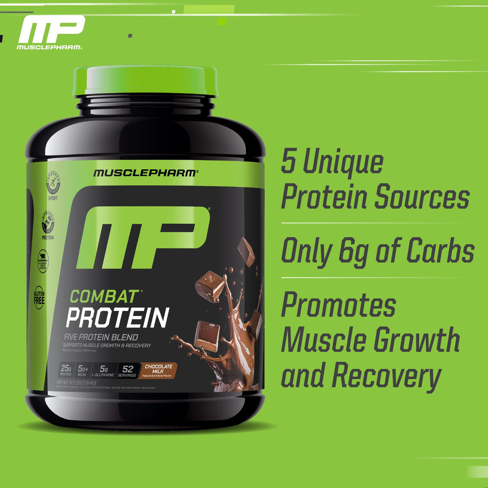 MusclePharm Combat Protein Powder jar displays gluten-free badge trusted by athletes.